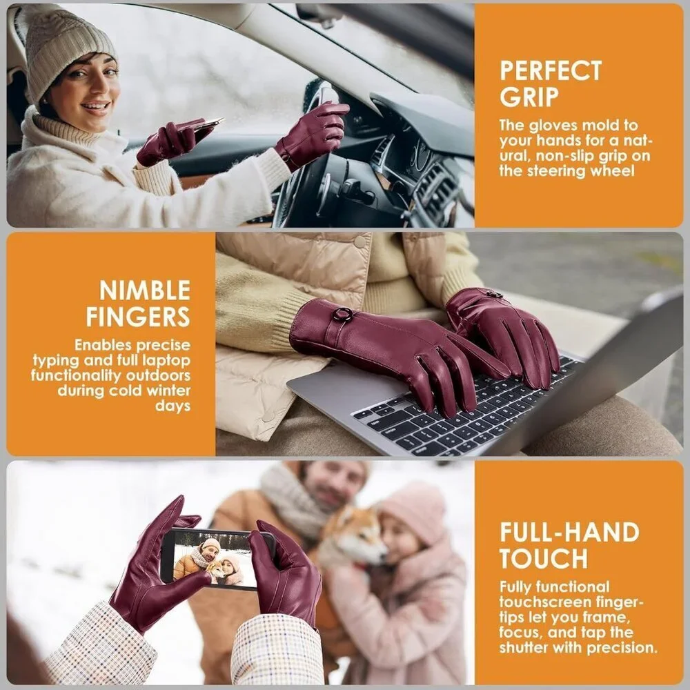 Women's Red Lambskin Leather Gloves Warm Touchscreen Winter Driving Gift